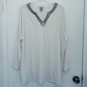 Chico's Cream Tunic with embellished Trim linen blend top business casual work